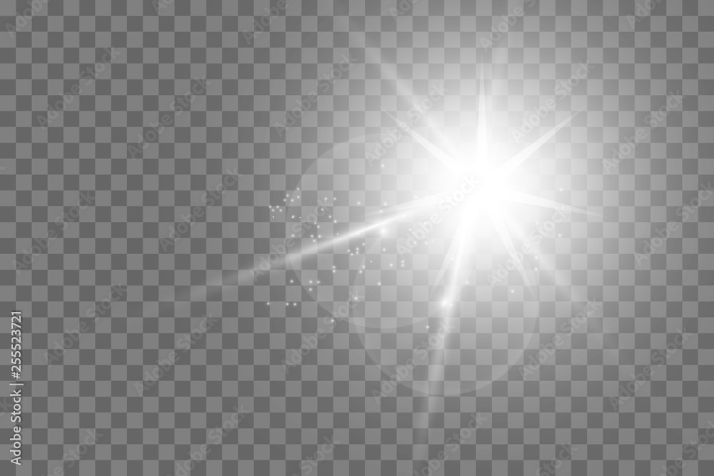 Glow isolated white transparent light effect set, lens flare, explosion, glitter, line, sun flash, spark and stars. Abstract special effect element design. Shine ray with lightning 