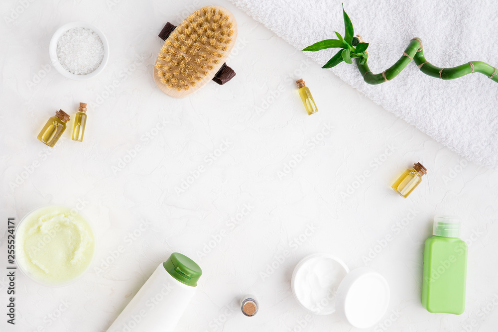 Spa treatment, face and body care on pink background, flat lay. Top view of beauty bath background for body care and wellness Spa treatment, face and body care on pink background, flat lay. Top view of beauty bath background for body care and wellness