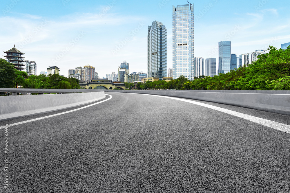 empty highway with cityscape of chengdu,China