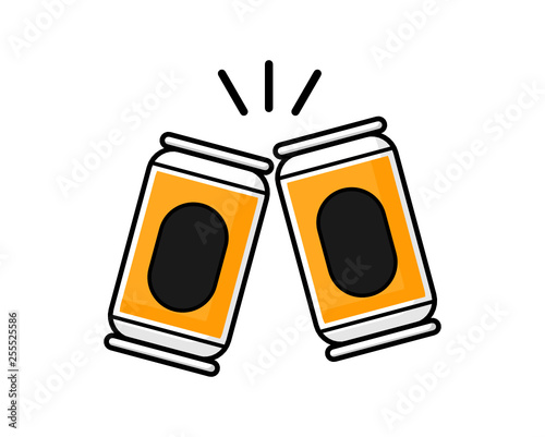 Two Canned beer. Cheers mate. Drink with friends. pub menu. clink glasses. festival Isolated on white background. Vector Illustration.