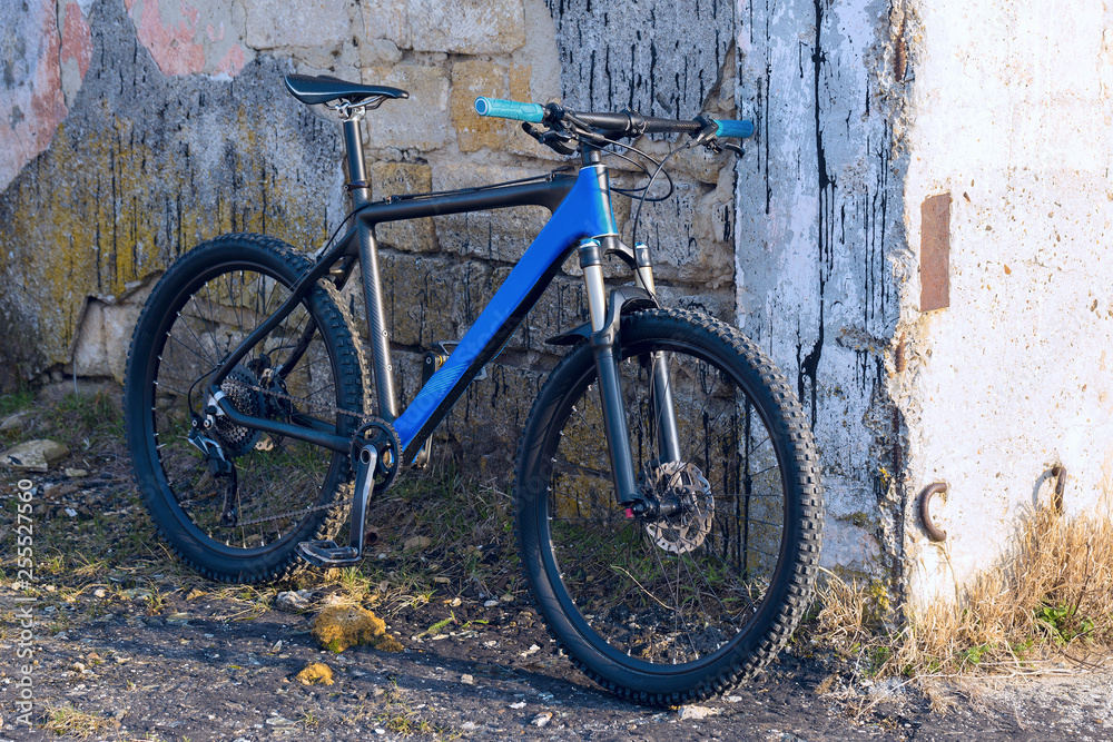 A modern blue mountain bike stands at a vintage brick wall with old concrete.