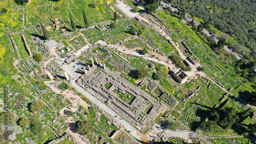 Aerial drone photo of iconic Temple of Apollo in archaeological site of Delphi one of the most important of Ancient times, Voiotia, Greece photo