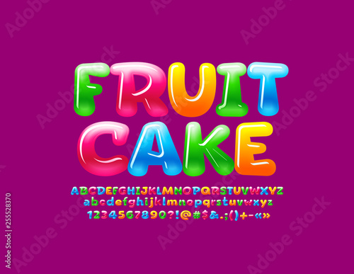 Vector glossy colorful logo Fruit Cake with sweet Alphabet Letters set. Jelly bright Font for Children