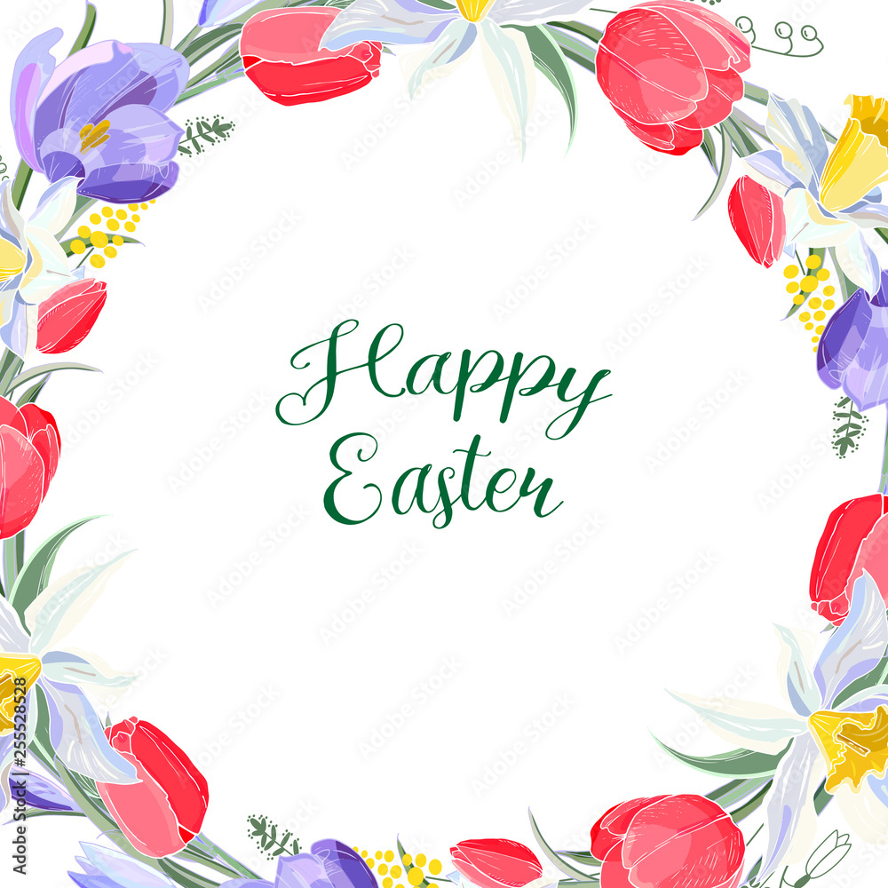 Stock vector floral spring easter greeting card. Beautiful flower frame from red tulips, daffodils and crocuses. Isolated and hand drawn illustration. Floral design, easter backdrop. Festive print. Stock vector floral spring easter greeting card. Beautiful flower frame from red tulips, daffodils and crocuses. Isolated and hand drawn illustration. Floral design, easter backdrop. Festive print.