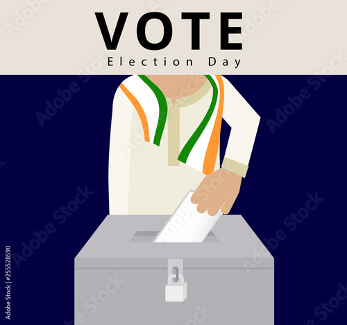Indian man wearing scarves using hand drop the card into the locked ballots, eligible voter in general election day in India, polling box vector and illustration