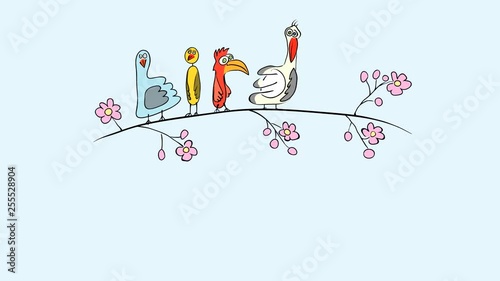 graphic animation funny exotic birds jumping on a blossoming cherry branch in the spring. beautiful time of the year to fly