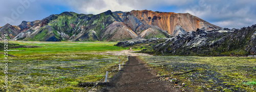 Mountain landscape panorama of Landmannalaugar in midnight light seen from the walk pass way. Highlands of Iceland photo