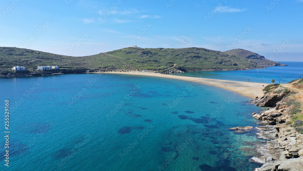 Aerial drone bird's eye view of tropical exotic mediterranean bay with turquoise sea