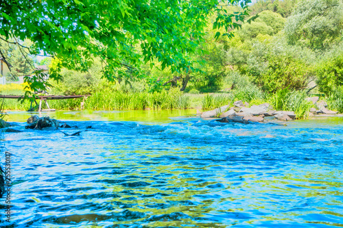 River with blue water and green trees on a bank