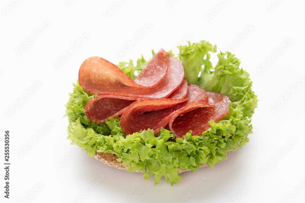 Sandwich with salami sausage on white background.