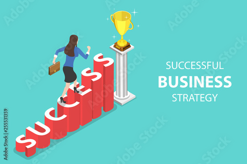 Isometric flat vector concept of success, competition, winning plan, business leadership, award, career goals, successful project