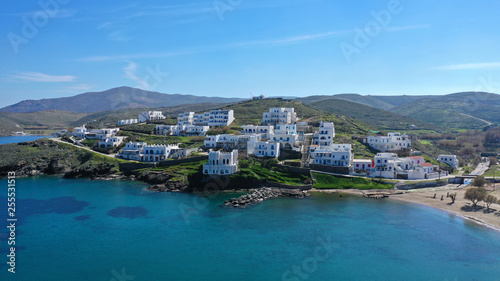 Fototapeta Naklejka Na Ścianę i Meble -  Aerial drone photo from picturesque seaside fishing village of Loutra famous of hot springs in island of Kythnos at spring, Cyclades, Greece