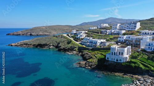 Aerial drone photo from picturesque seaside fishing village of Loutra famous of hot springs in island of Kythnos at spring, Cyclades, Greece