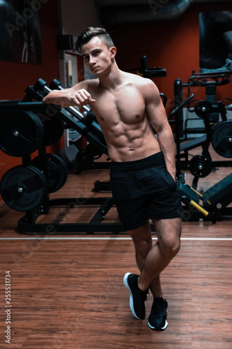 A portrait of a young strength athlete in a gym. Defined athlete with large muscles. Sports, sports, training, gym clothing. 