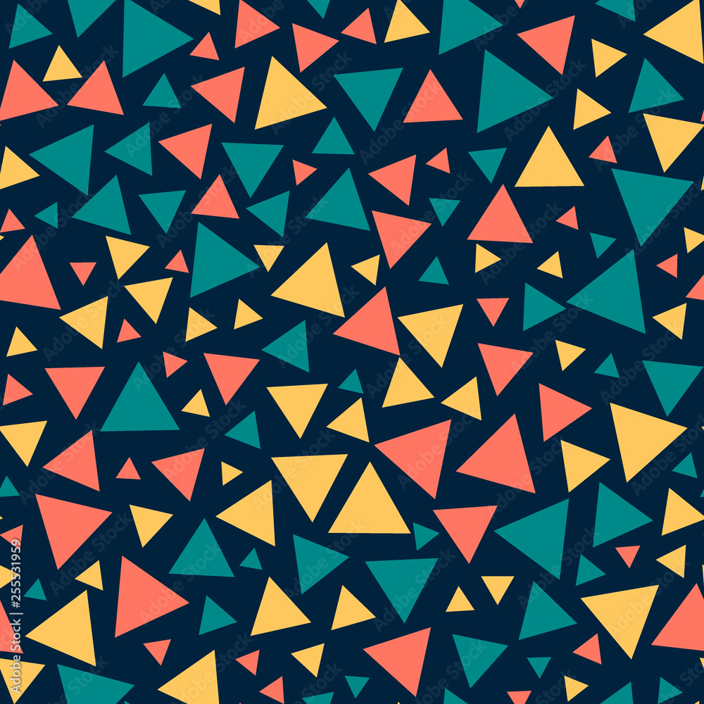 Triangles seamless pattern. Colored chaotic triangles, dark blue background. Abstraction for printing, rolls, paper, membranes, fabrics, gifts, etc. Triangles seamless pattern. Colored chaotic triangles, dark blue background. Abstraction for printing, rolls, paper, membranes, fabrics, gifts, etc.
