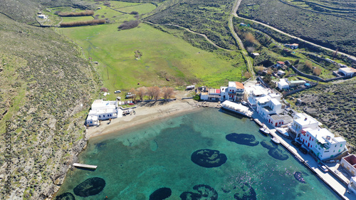 Aerial drone photo of picturesque seaside village of Agia Eirini with small chapel, Kythnos island, Cyclades, Greece photo