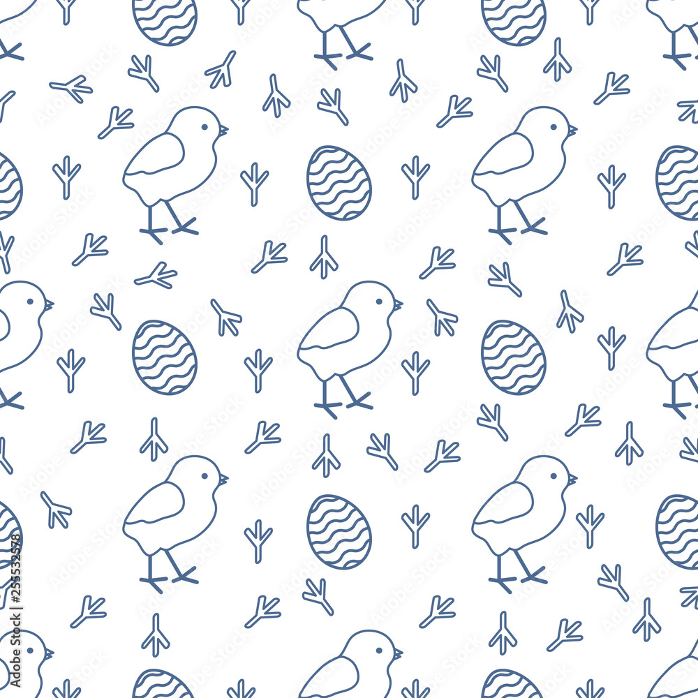 Seamless pattern with chicken, traces, eggs.