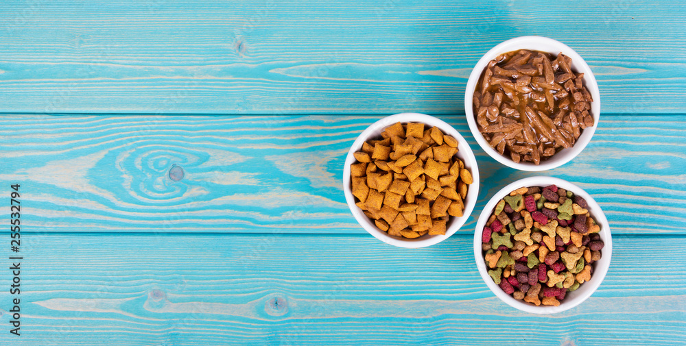 Various cat food. Dry and wet cat food. Copy space. Bowls with cat food on wooden background.