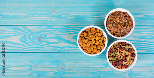 Obraz na płótnie Various cat food. Dry and wet cat food. Copy space. Bowls with cat food on wooden background. w salonie
