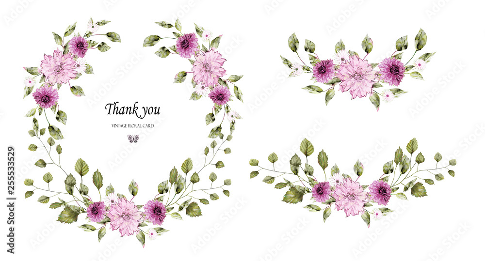 Floral wreath with leaves and flowers . Watercolor design. Invitations with pink wildflowers. Background for save the dates.