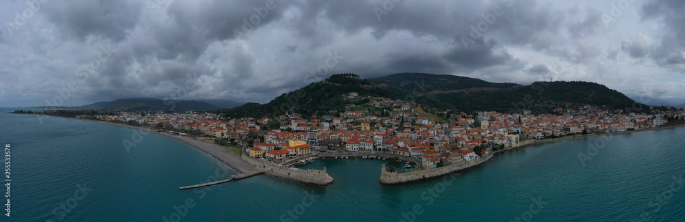 Aerial drone photo of iconic Venetian port and castle of Nafpaktos famous from battle of Lepanto a historic event of great importance, Aitoloakarnania, Greece