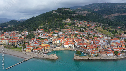 Aerial drone photo of iconic Venetian port and castle of Nafpaktos famous from battle of Lepanto a historic event of great importance, Aitoloakarnania, Greece