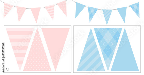 Blue and pink party banner flag for baby shower, birthday, Mother's day, kid Baptism. Light soft pastel color. Boy girl gender reveal decoration. Spring summer mood. Easy print and cut on A4 format photo