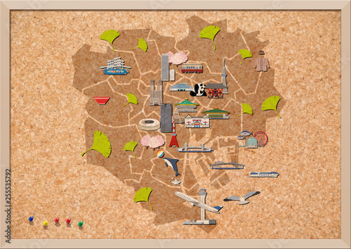 コルクボードの東京23区観光マップと押しピン