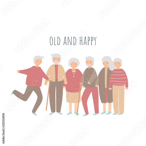 Old people, seniors, pensioners set. Grandmothers, grandfathers collection. Happy pensioners dancing
