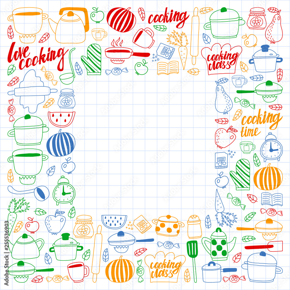 Vector set of children's kitchen and cooking drawings icons in doodle style. Painted, colorful, pictures on a sheet of checkered paper on a white background.