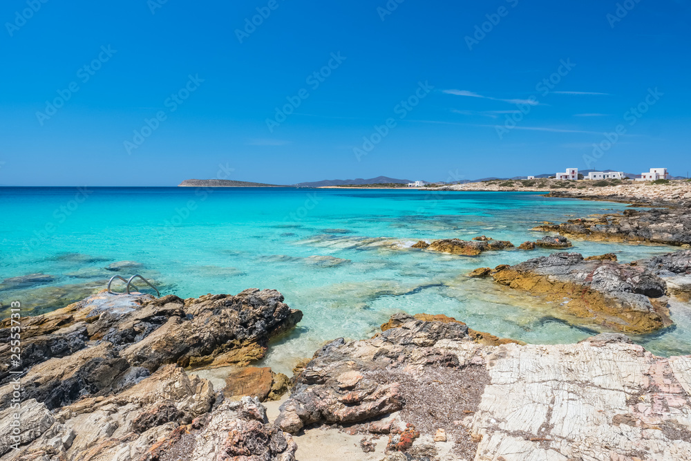 Rocky beach with amazing tranquil water on Paros island, Cyclade