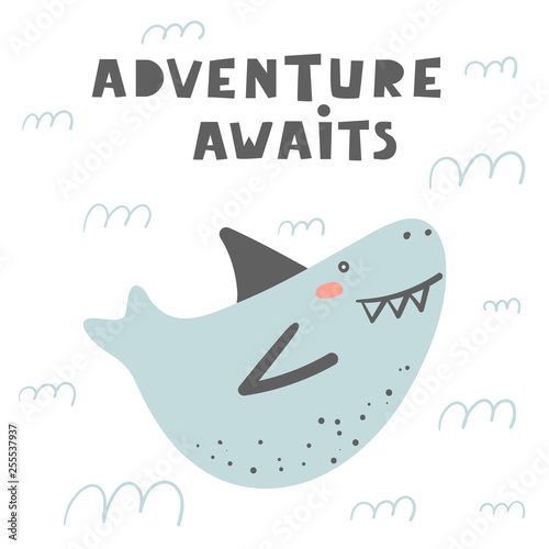 Funny doodle shark in the ocean with lettering quote adventure awaits. Card, postcard, poster with fish