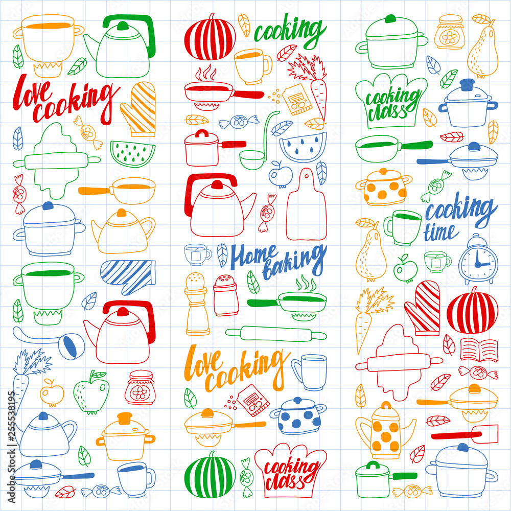 Vector set of children's kitchen and cooking drawings icons in doodle style. Painted, colorful, pictures on a sheet of checkered paper on a white background. Vector set of children's kitchen and cooking drawings icons in doodle style. Painted, colorful, pictures on a sheet of checkered paper on a white background.