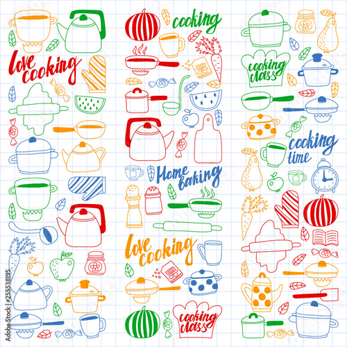 Vector set of children s kitchen and cooking drawings icons in doodle style. Painted  colorful  pictures on a sheet of checkered paper on a white background.