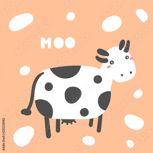 Cute black and white cow with lettering quote moo. Card, postcard, print, poster, background