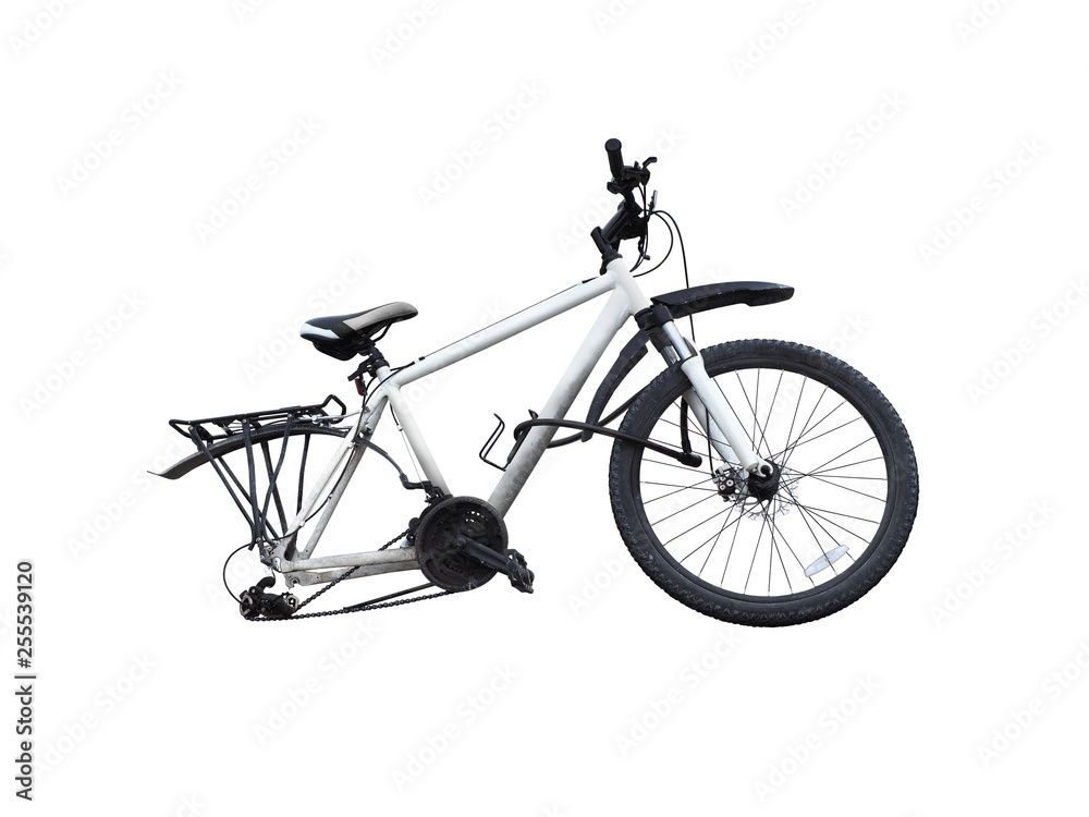 Broken white bike without wheel isolated on white background. Wheeless
