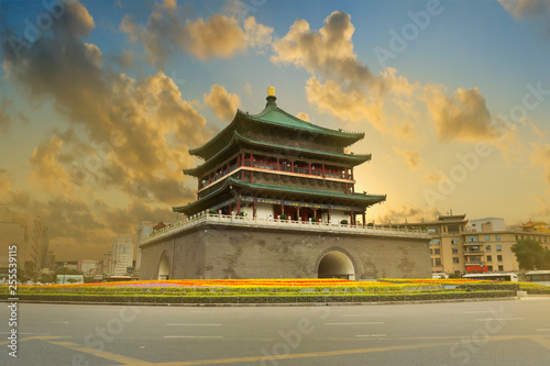 sunset on the bell tower of the old city wall of xi an ,Shanxi ,china	 photo
