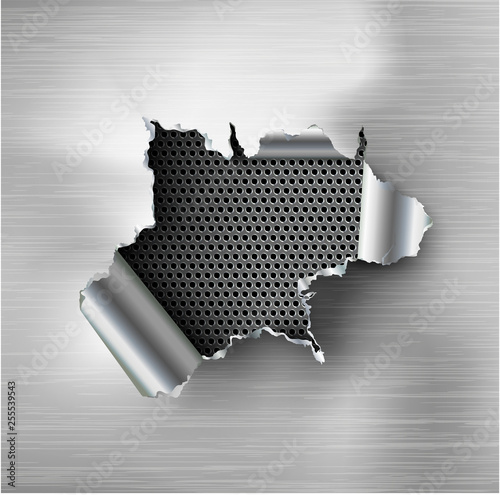 ragged Hole torn in ripped steel on metal