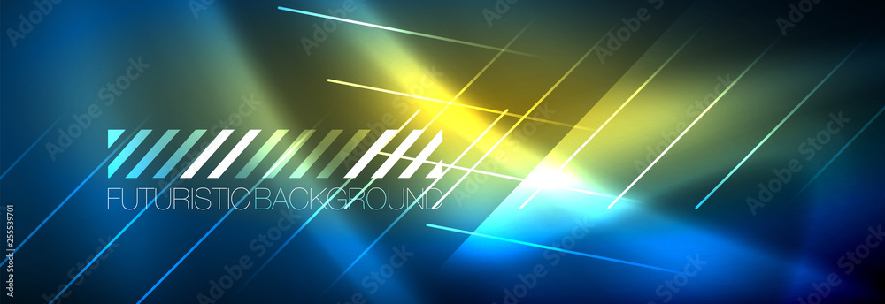 Neon glowing techno lines, hi-tech futuristic abstract background template with lines