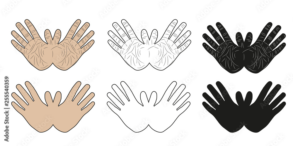 Set of print of hand of human in different styles. Vector illustration.