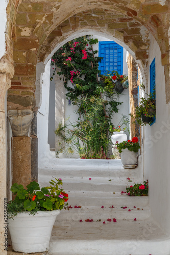 SIDI BOU SAID / TUNISIA - JUNE 2015: Street of charming coastal town Sidi Bou Said close to Tunis capital, Tunisia