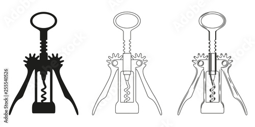 Butterfly corkscrew. Set of corkscrew for opening wine bottles, with levers and gears in different styles. Vector illustration.