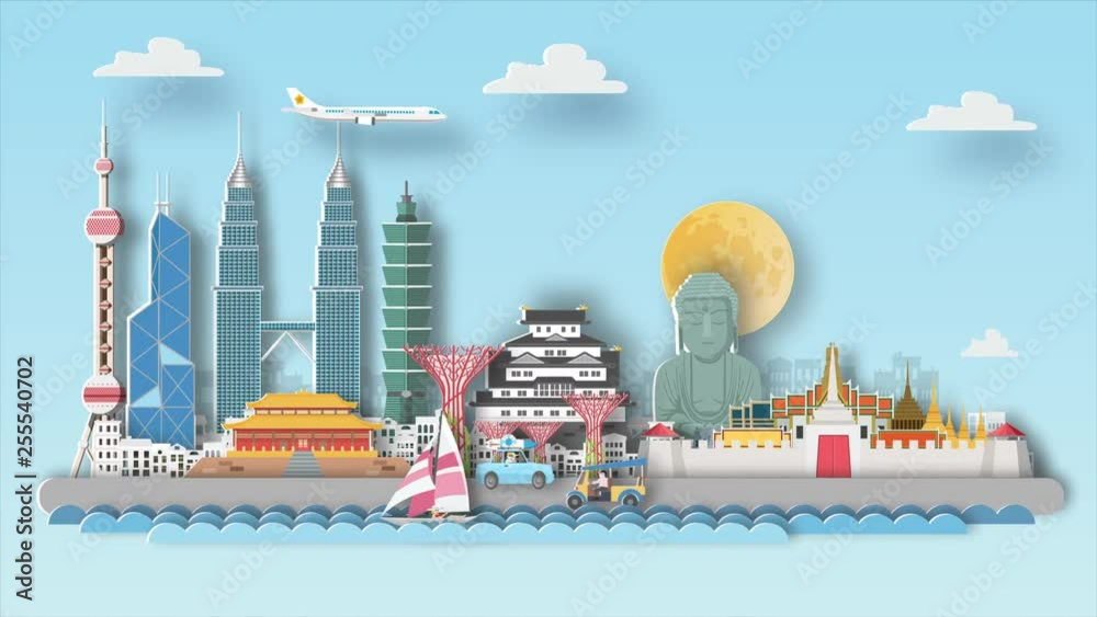 Asia travel destination background video animation ,flat cartoon and paper art landmarks concept. motion graphic  background