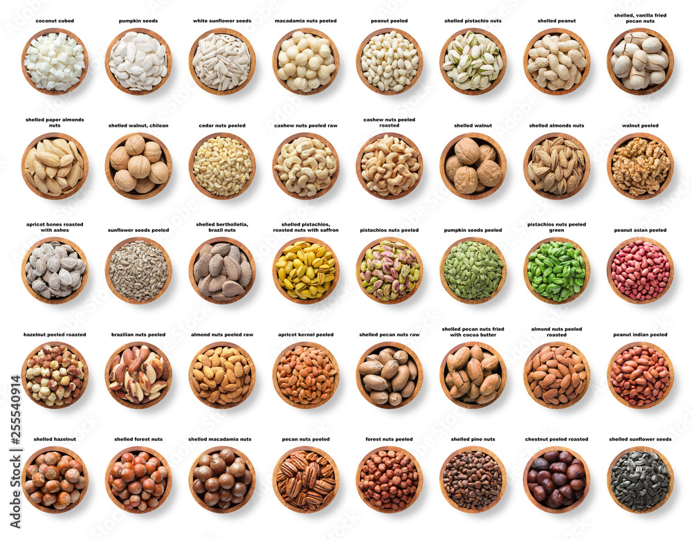 collection nuts and seeds isolated on white background. pecans, hazelnuts, walnuts, pistachios, almonds, macadamia, cashews, peanuts, sunflower, coconut, apricot kernel, pumpkin seeds, pine and brazil - obrazy, fototapety, plakaty 