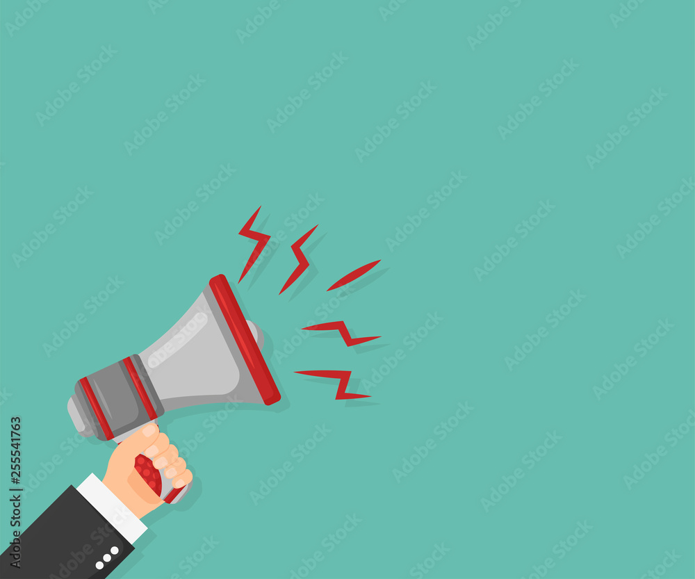 Man holding megaphone in hand, vector illustration in flat design Man holding megaphone in hand, vector illustration in flat design