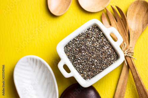 flat lay on chea seed superfood with yellow space  photo