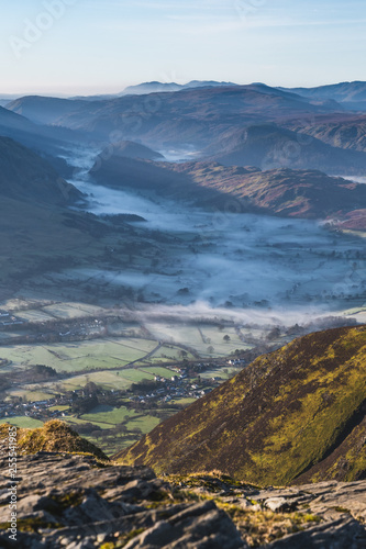 The view down toward Thirlmere from Blencathra with low lying cloud mist, Lake District, Cumbria © Jeremy