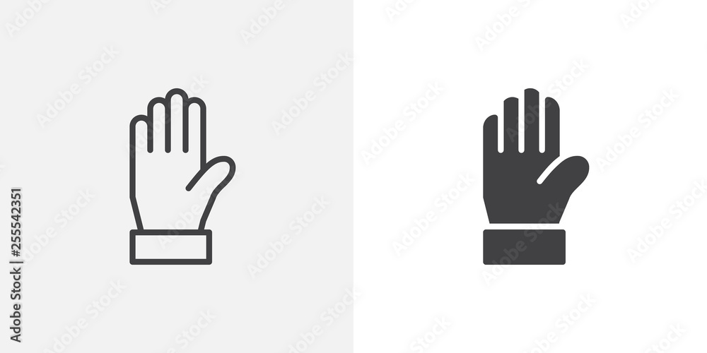 Warning hand icon. line and glyph version, outline and filled vector sign. Stop gesture hand linear and full pictogram. Symbol, logo illustration. Different style icons set