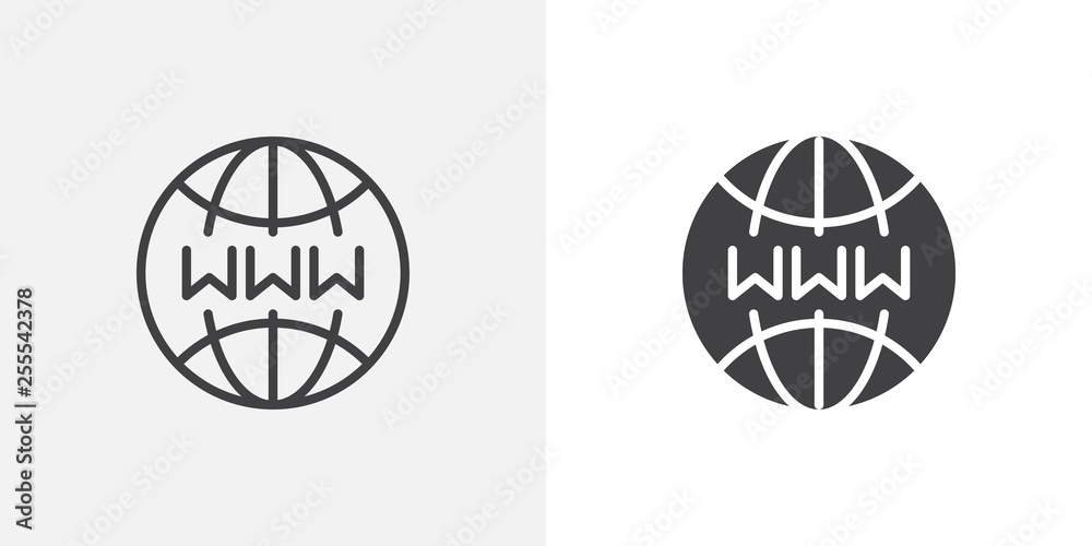 Www, internet globe icon. line and glyph version, outline and filled vector sign. World Internet browser linear and full pictogram. Symbol, logo illustration. Different style icons set
