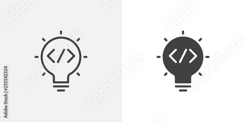 Code idea bulb icon. line and glyph version, programming idea lamp outline and filled vector sign. Coding light bulb linear and full pictogram. Symbol, logo illustration. Different style icons set
